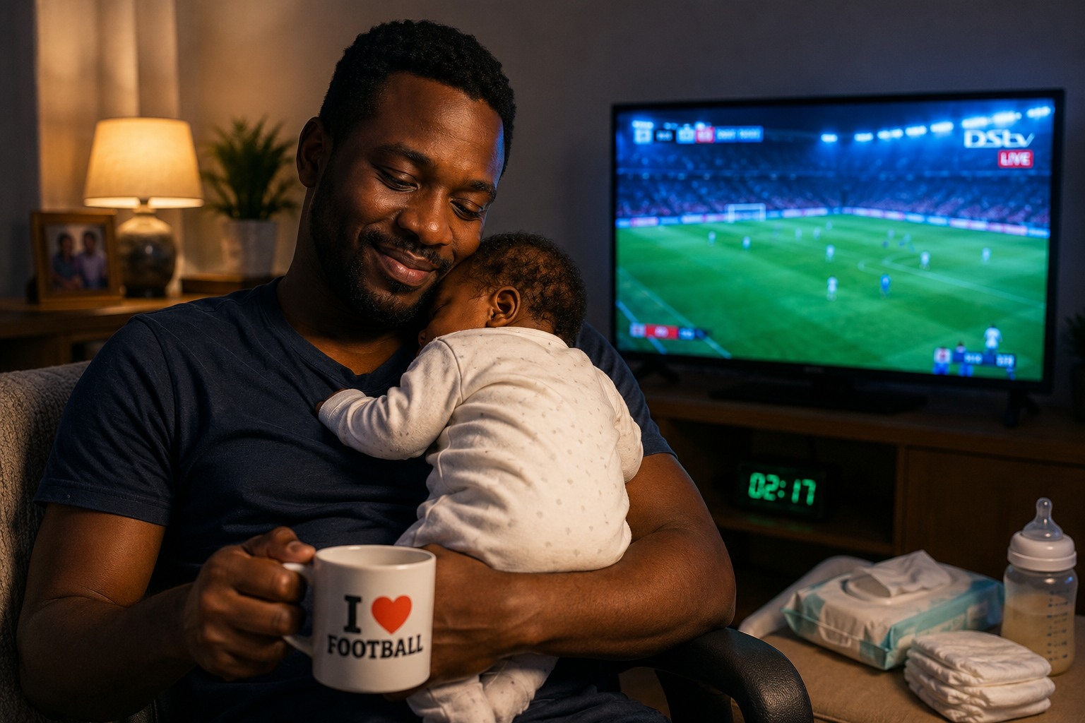 Teheca Dad watching TV and holding baby during Worldc up in Kampala